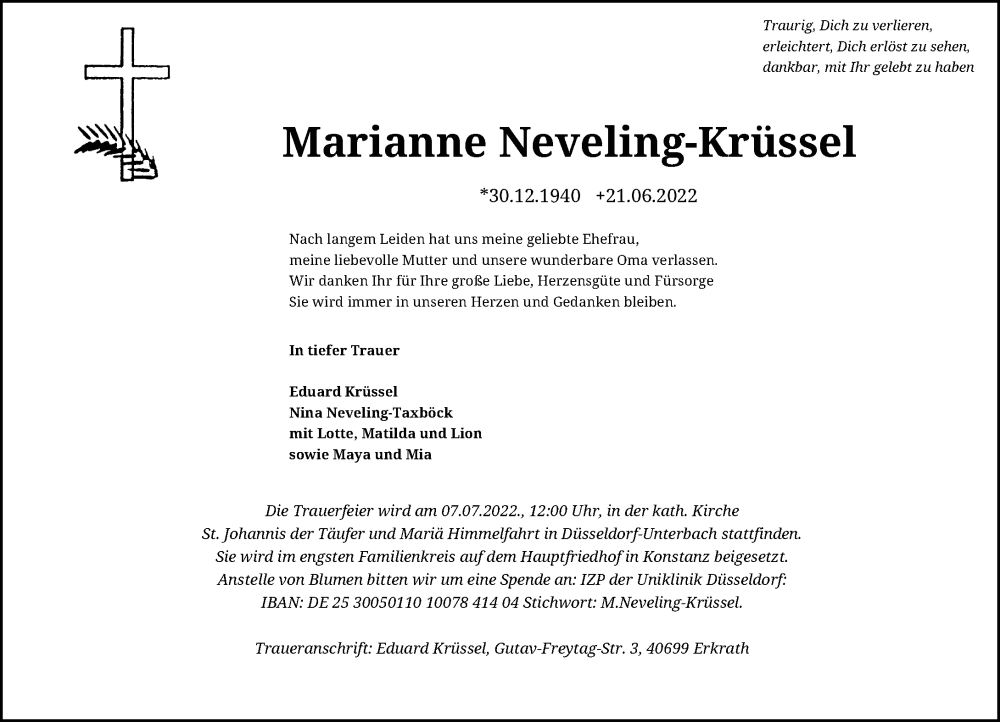  Traueranzeige für Marianne Neveling-Krüssel vom 29.06.2022 aus Rheinische Post