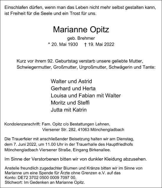 Traueranzeige von Marianne Opitz von Rheinische Post