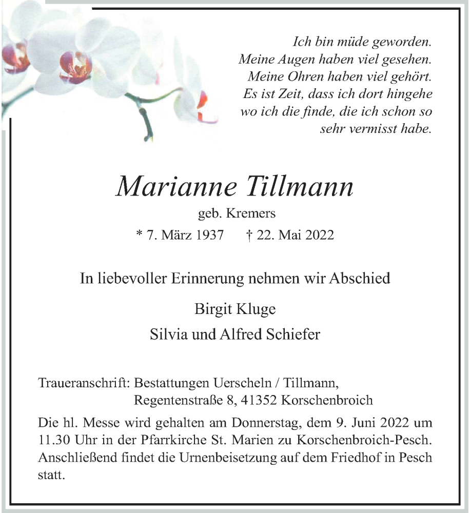  Traueranzeige für Marianne Tillmann vom 04.06.2022 aus Rheinische Post