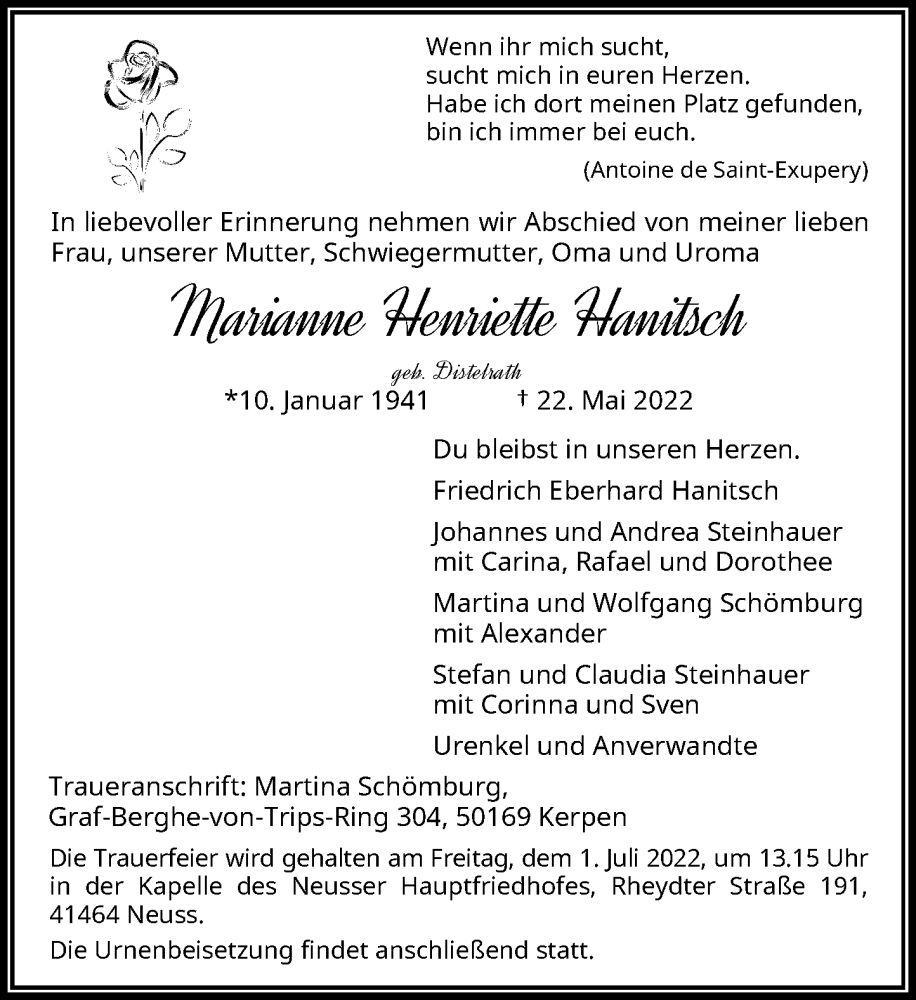  Traueranzeige für Marianne Henriette Hanitsch vom 25.06.2022 aus Rheinische Post