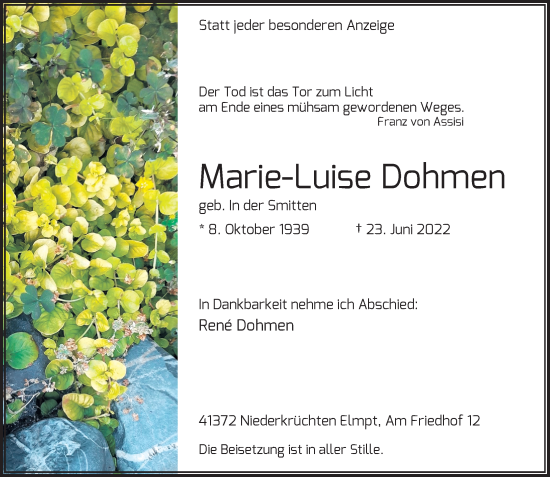 Traueranzeige von Marie-Luise Dohmen von Rheinische Post