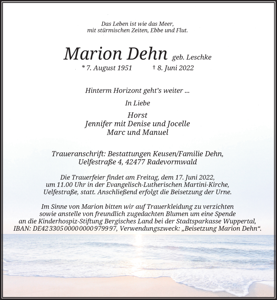  Traueranzeige für Marion Dehn vom 11.06.2022 aus Rheinische Post