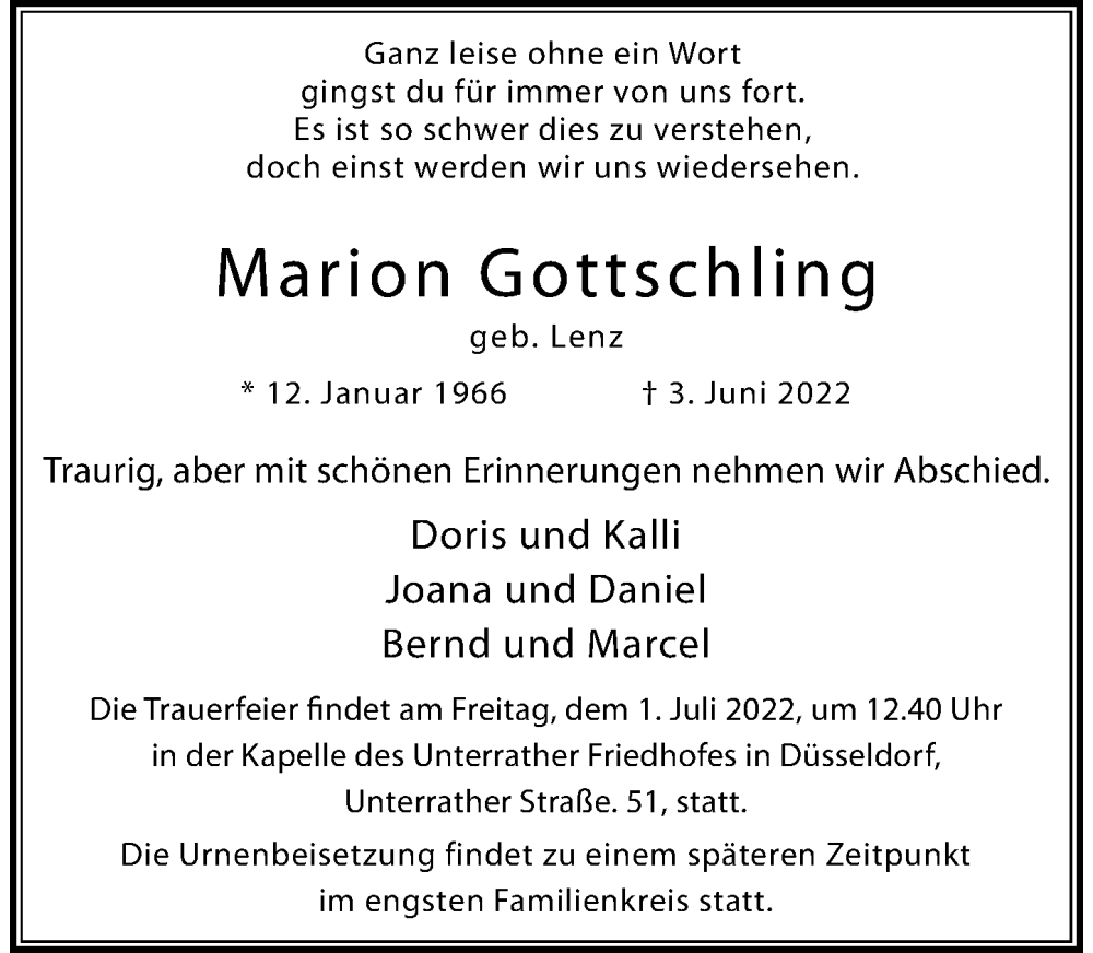  Traueranzeige für Marion Gottschling vom 18.06.2022 aus Rheinische Post