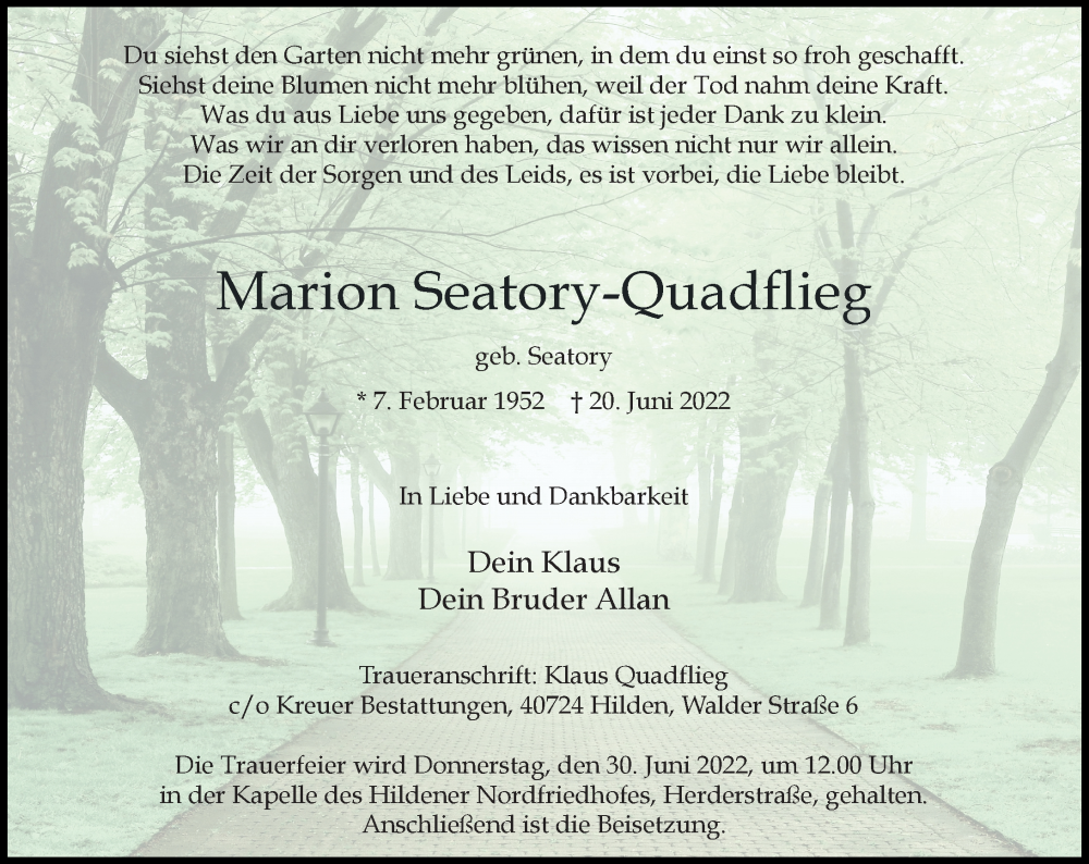  Traueranzeige für Marion Seatory-Quadflieg vom 25.06.2022 aus Rheinische Post