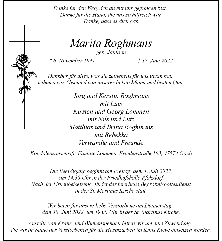  Traueranzeige für Marita Roghmans vom 25.06.2022 aus Rheinische Post