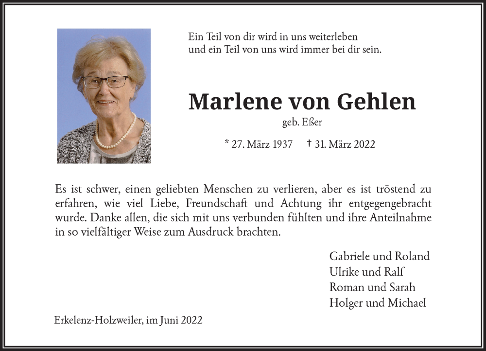  Traueranzeige für Marlene von Gehlen vom 25.06.2022 aus Rheinische Post
