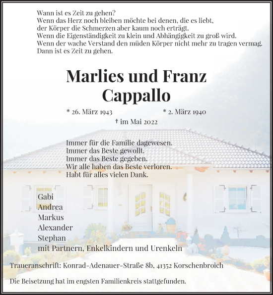 Traueranzeige von Marlies und Franz Cappallo von Rheinische Post