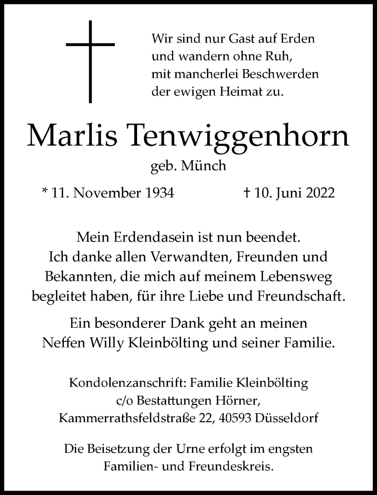  Traueranzeige für Marlis Tenwiggenhorn vom 25.06.2022 aus Rheinische Post