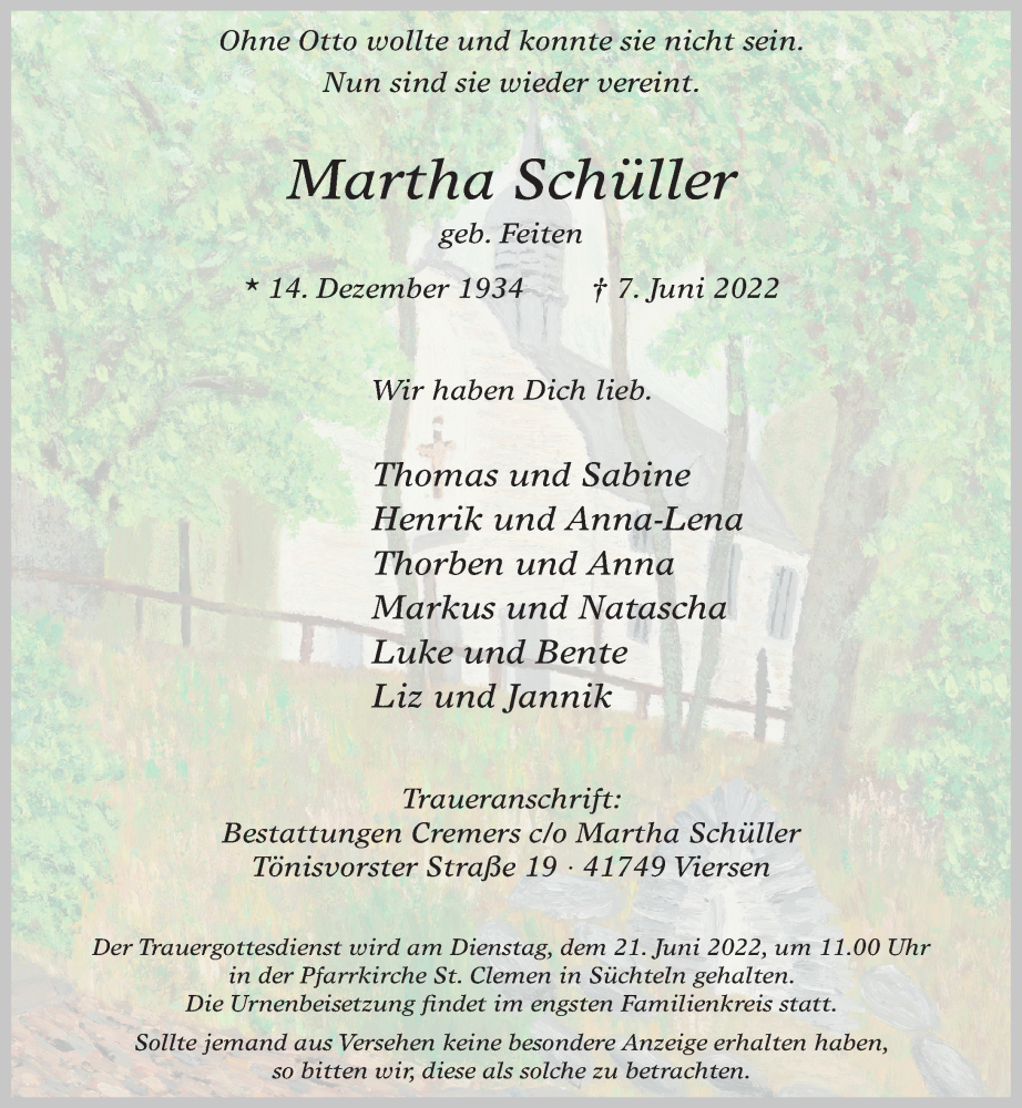  Traueranzeige für Martha Schüller vom 18.06.2022 aus Rheinische Post
