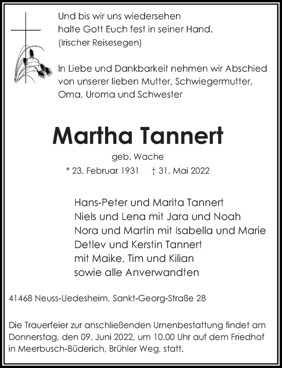 Traueranzeige von Martha Tannert von Rheinische Post