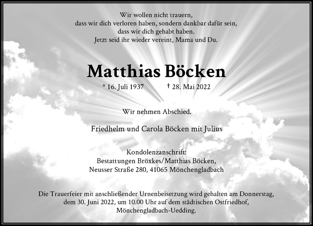  Traueranzeige für Matthias Böcken vom 04.06.2022 aus Rheinische Post