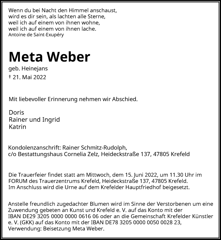 Traueranzeige für Meta Weber vom 04.06.2022 aus Rheinische Post