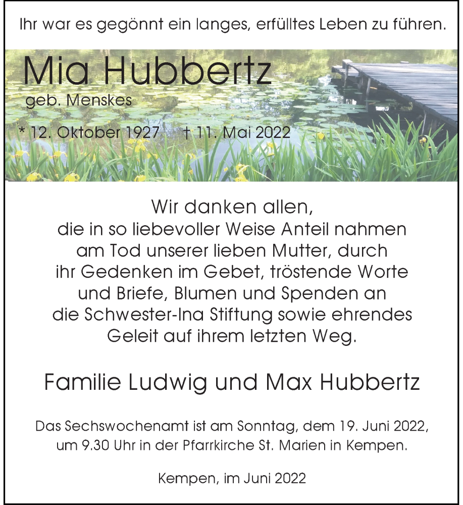  Traueranzeige für Mia Hubbertz vom 11.06.2022 aus Rheinische Post
