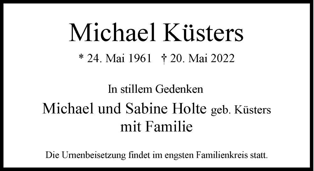  Traueranzeige für Michael Küsters vom 04.06.2022 aus Rheinische Post