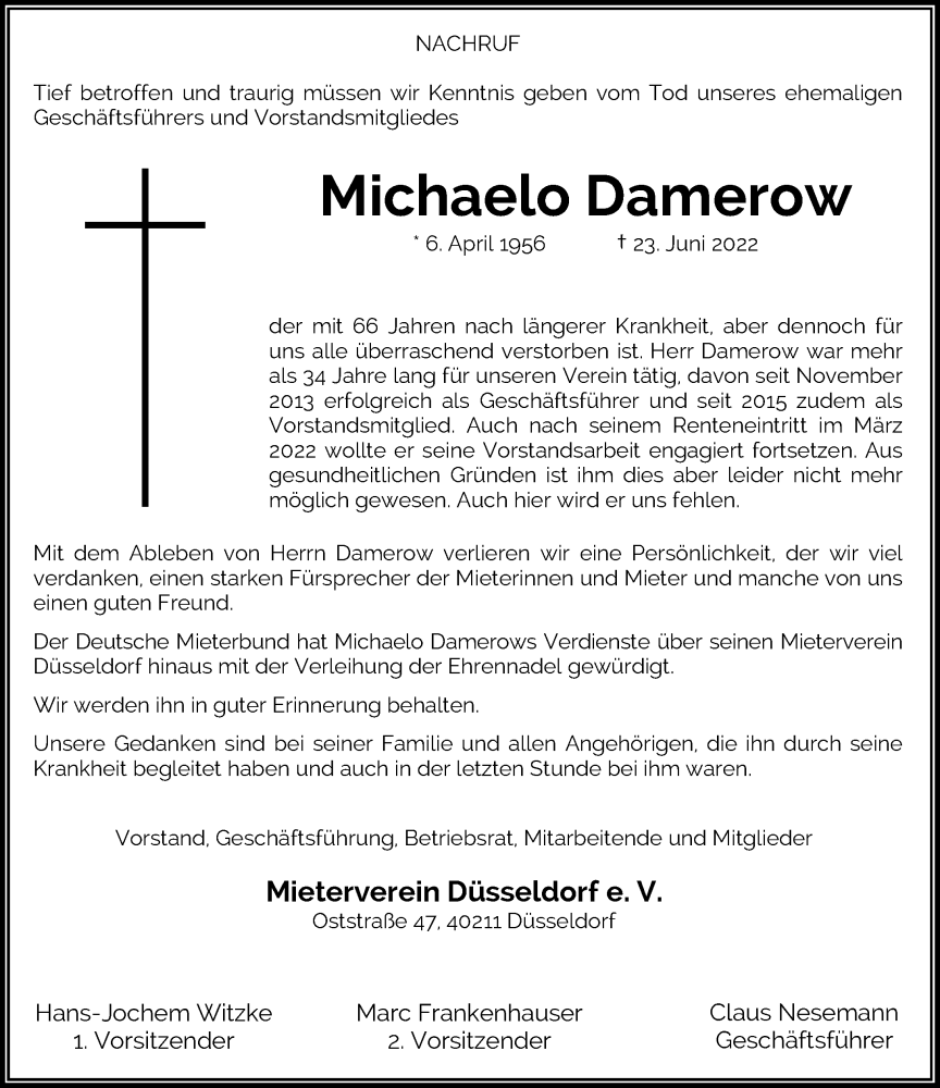  Traueranzeige für Michaelo Damerow vom 02.07.2022 aus Rheinische Post