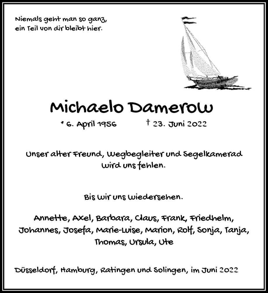  Traueranzeige für Michaelo Damerow vom 30.06.2022 aus Rheinische Post