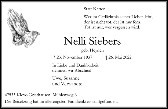 Traueranzeige von Nelli Siebers von Rheinische Post