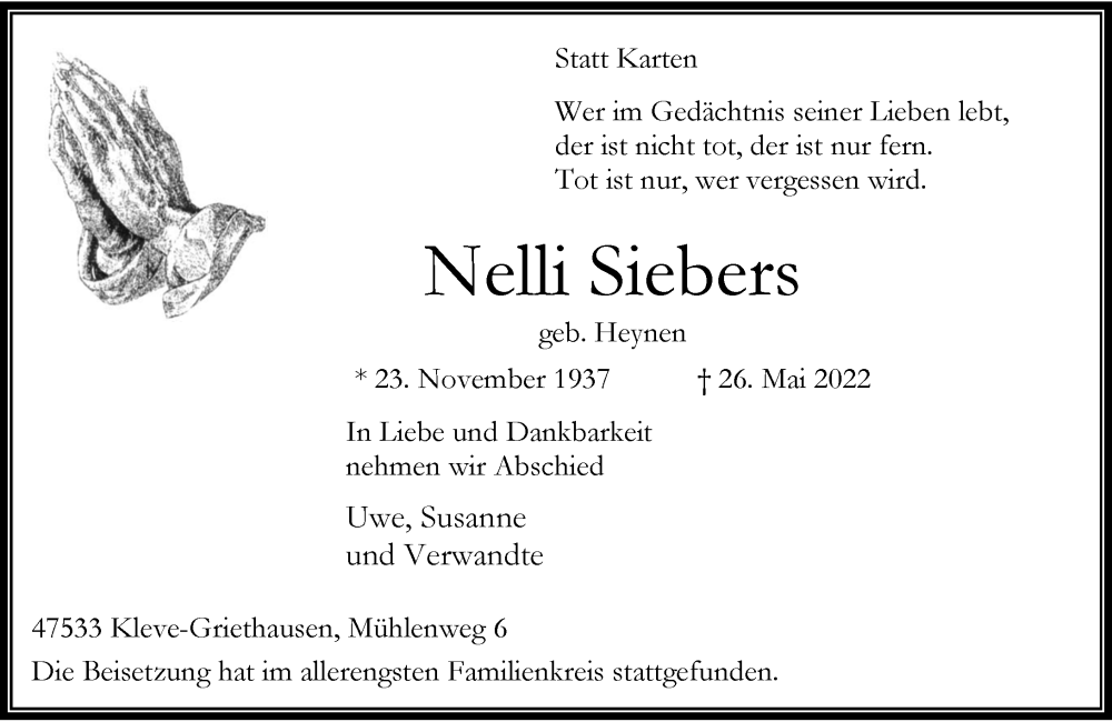  Traueranzeige für Nelli Siebers vom 18.06.2022 aus Rheinische Post