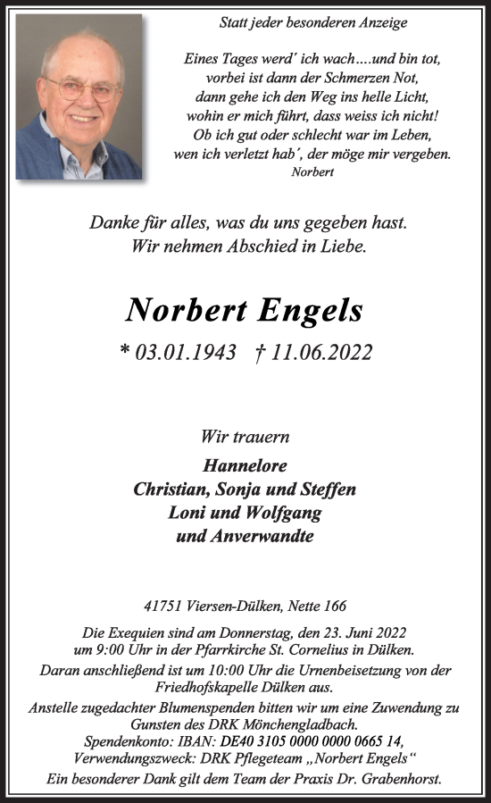 Traueranzeige von Norbert Engels von Rheinische Post