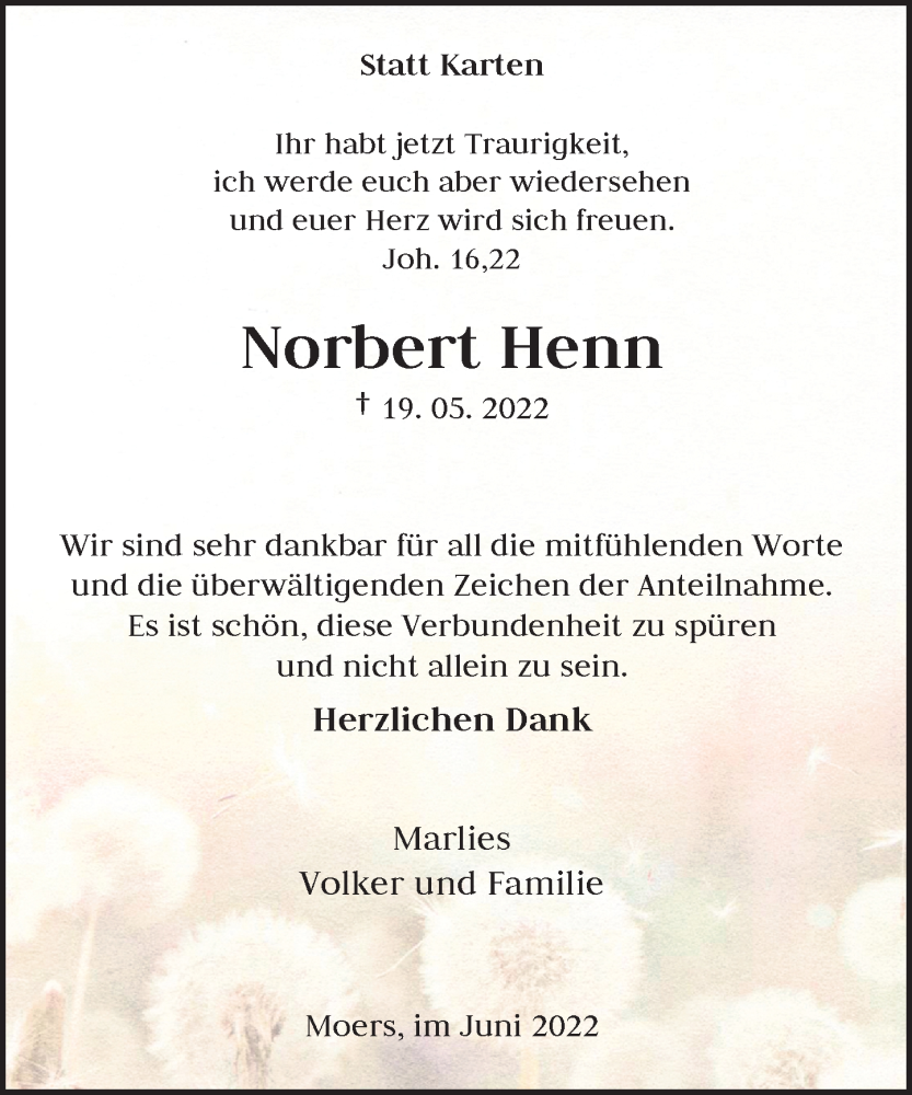  Traueranzeige für Norbert Henn vom 11.06.2022 aus Rheinische Post