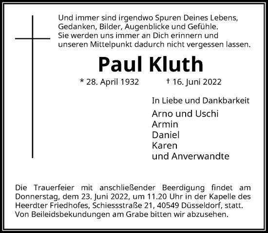 Traueranzeige von Paul Kluth von Rheinische Post