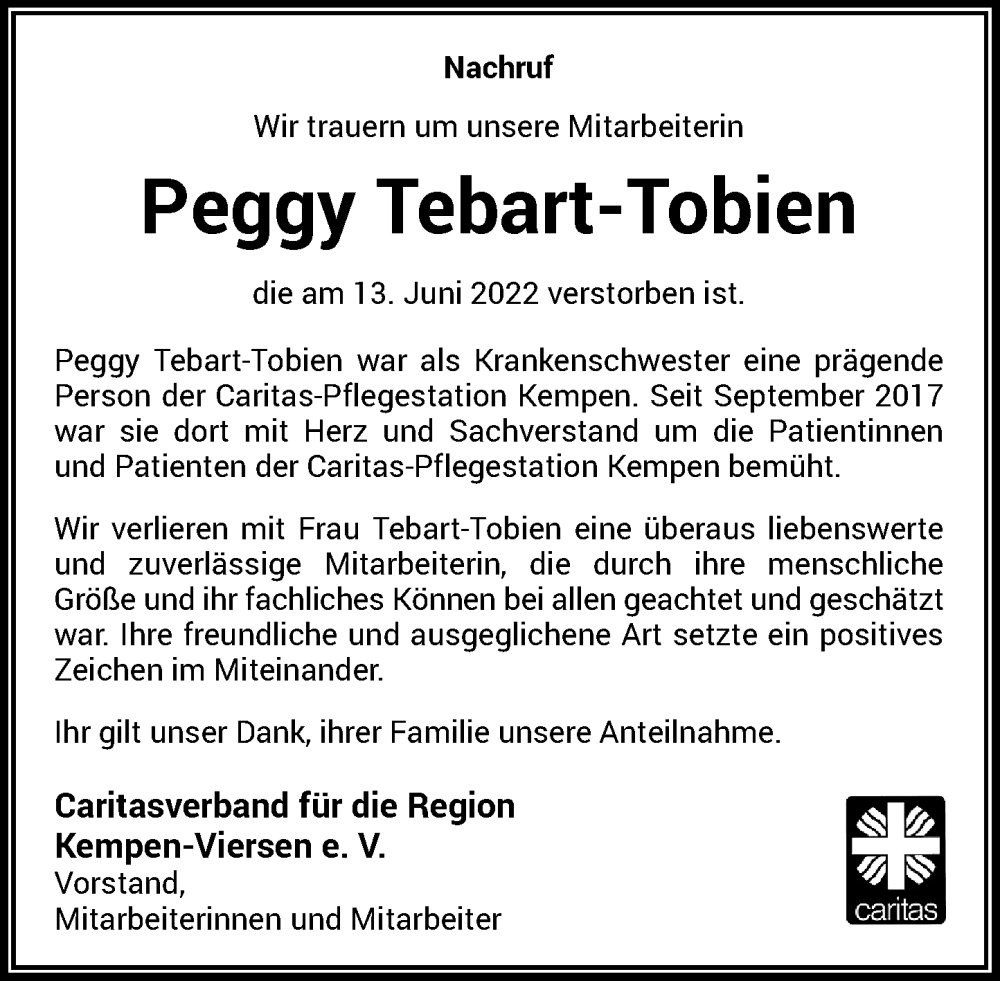  Traueranzeige für Peggy Tebart-Tobien vom 02.07.2022 aus Rheinische Post