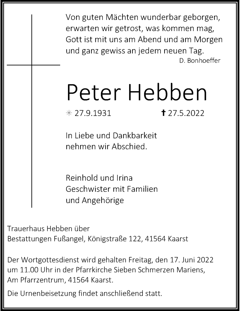  Traueranzeige für Peter Hebben vom 11.06.2022 aus Rheinische Post