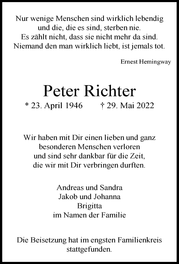  Traueranzeige für Peter Richter vom 18.06.2022 aus Rheinische Post