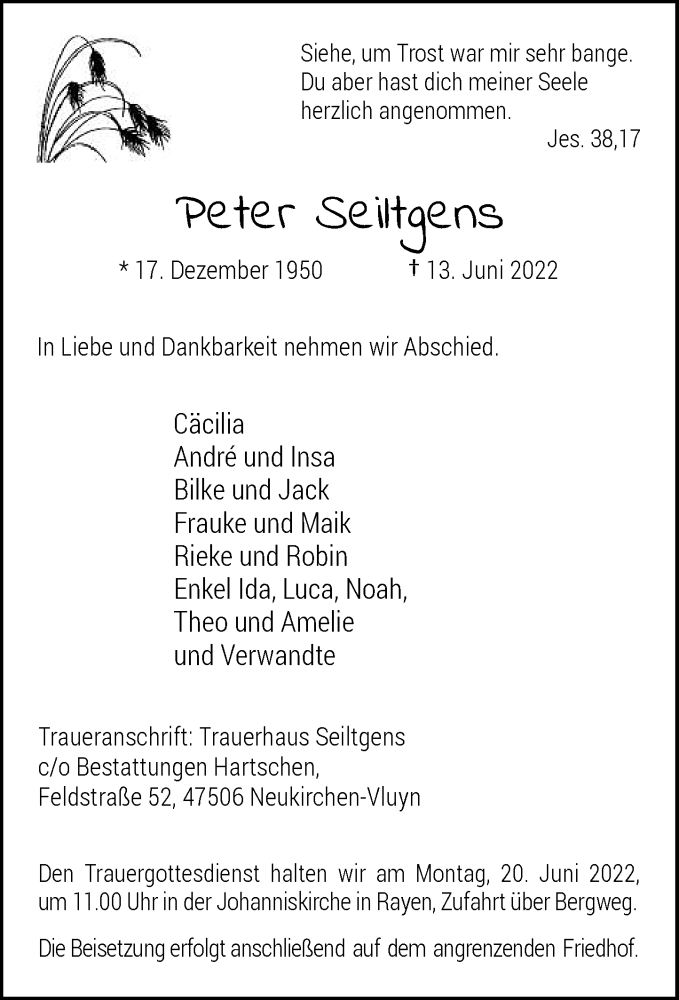  Traueranzeige für Peter Seiltgens vom 16.06.2022 aus Rheinische Post