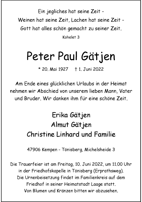 Traueranzeige von Peter Paul Gätjen von Rheinische Post
