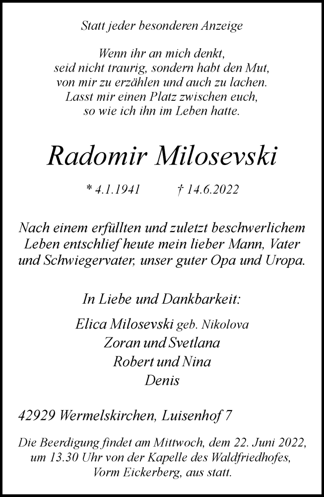  Traueranzeige für Radomir Milosevski vom 18.06.2022 aus Rheinische Post