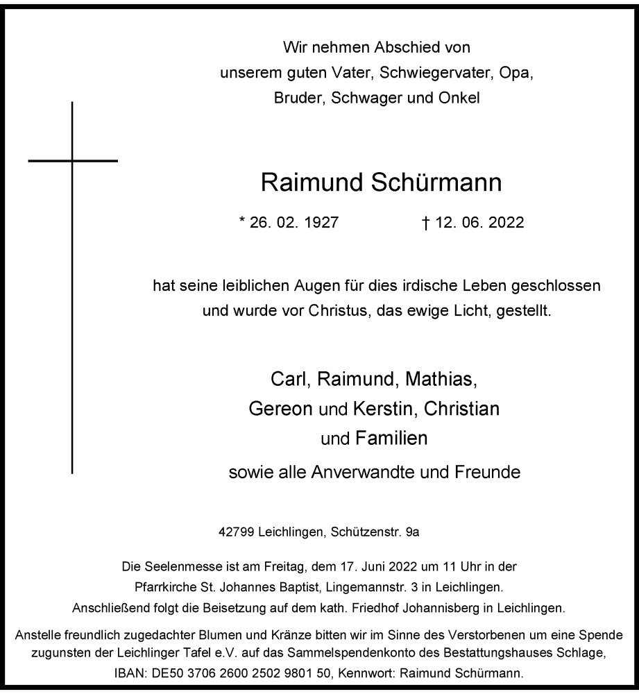 Traueranzeige für Raimund Schürmann vom 15.06.2022 aus Rheinische Post