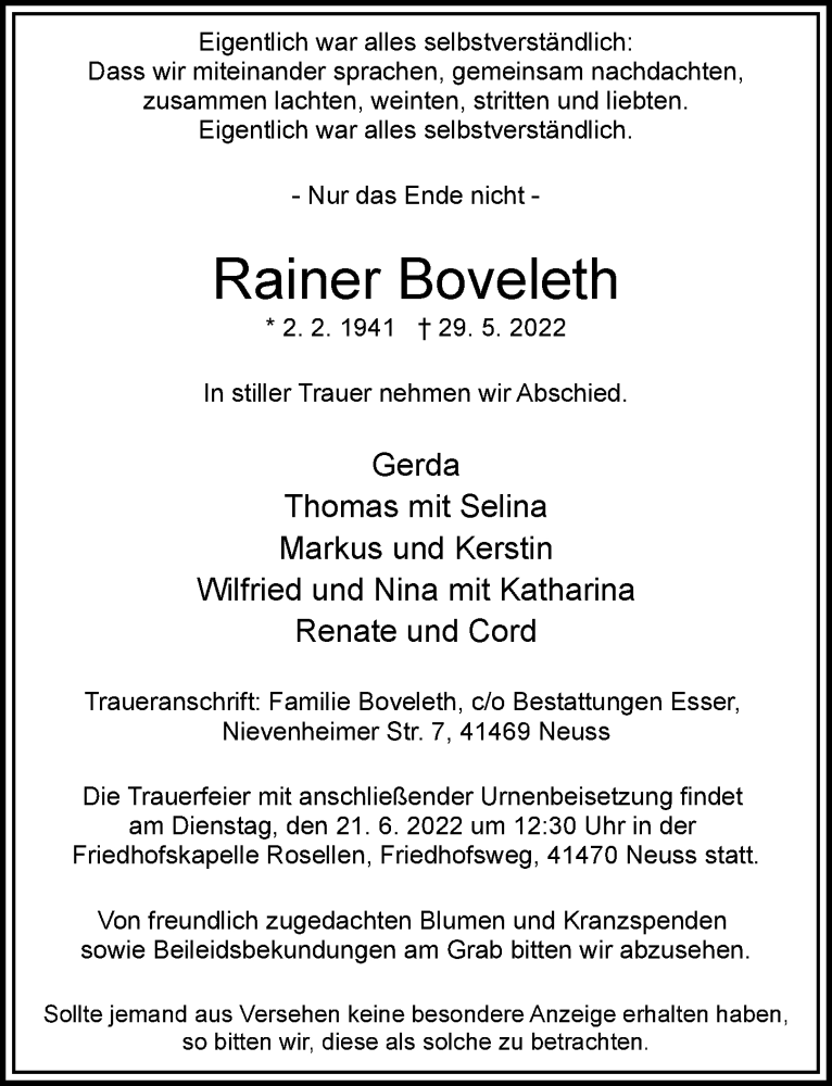  Traueranzeige für Rainer Boveleth vom 11.06.2022 aus Rheinische Post