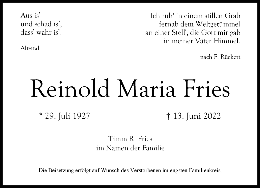  Traueranzeige für Reinold Maria Fries vom 25.06.2022 aus Rheinische Post