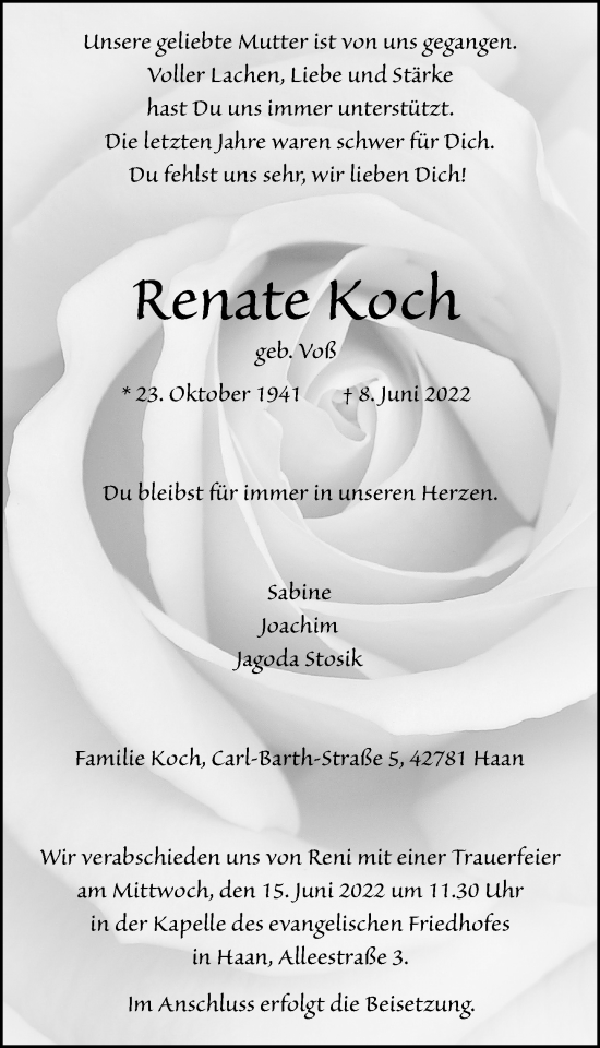Traueranzeige von Renate Koch von Rheinische Post