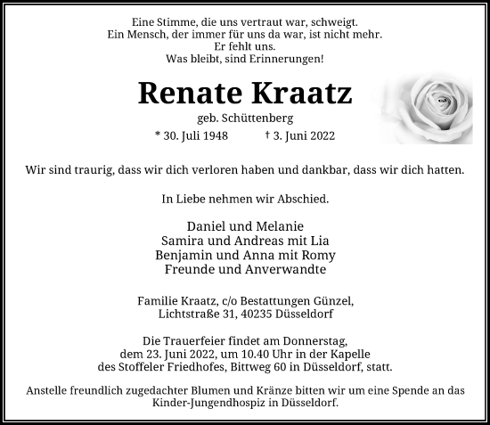 Traueranzeige von Renate Kraatz von Rheinische Post