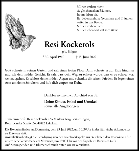 Traueranzeige von Resi Kockerols von Rheinische Post