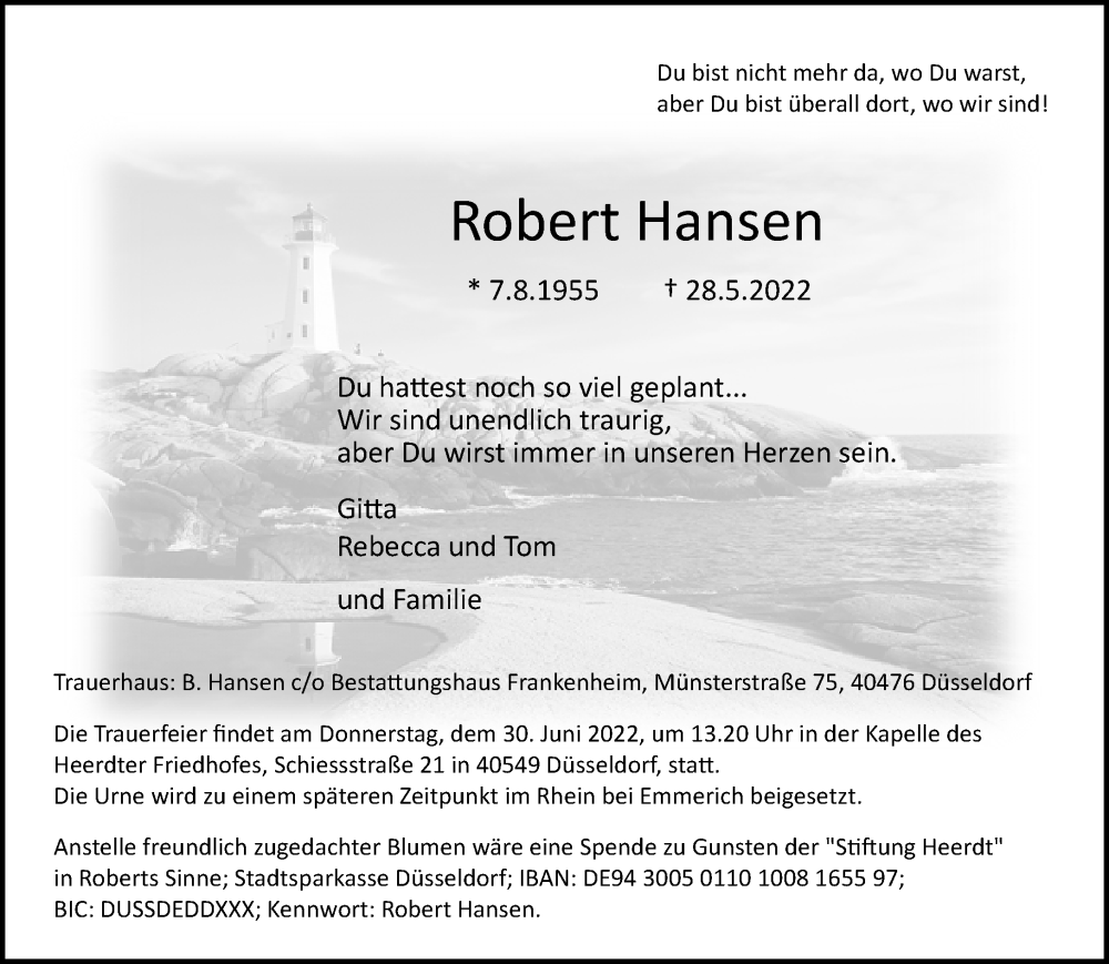  Traueranzeige für Robert Hansen vom 25.06.2022 aus Rheinische Post