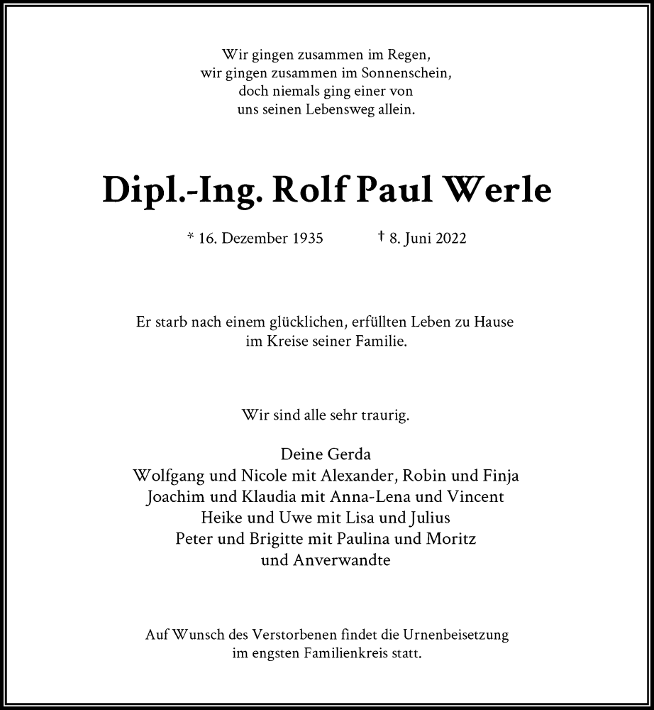  Traueranzeige für Rolf Paul Werle vom 18.06.2022 aus Rheinische Post