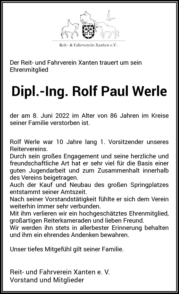  Traueranzeige für Rolf Paul Werle vom 22.06.2022 aus Rheinische Post