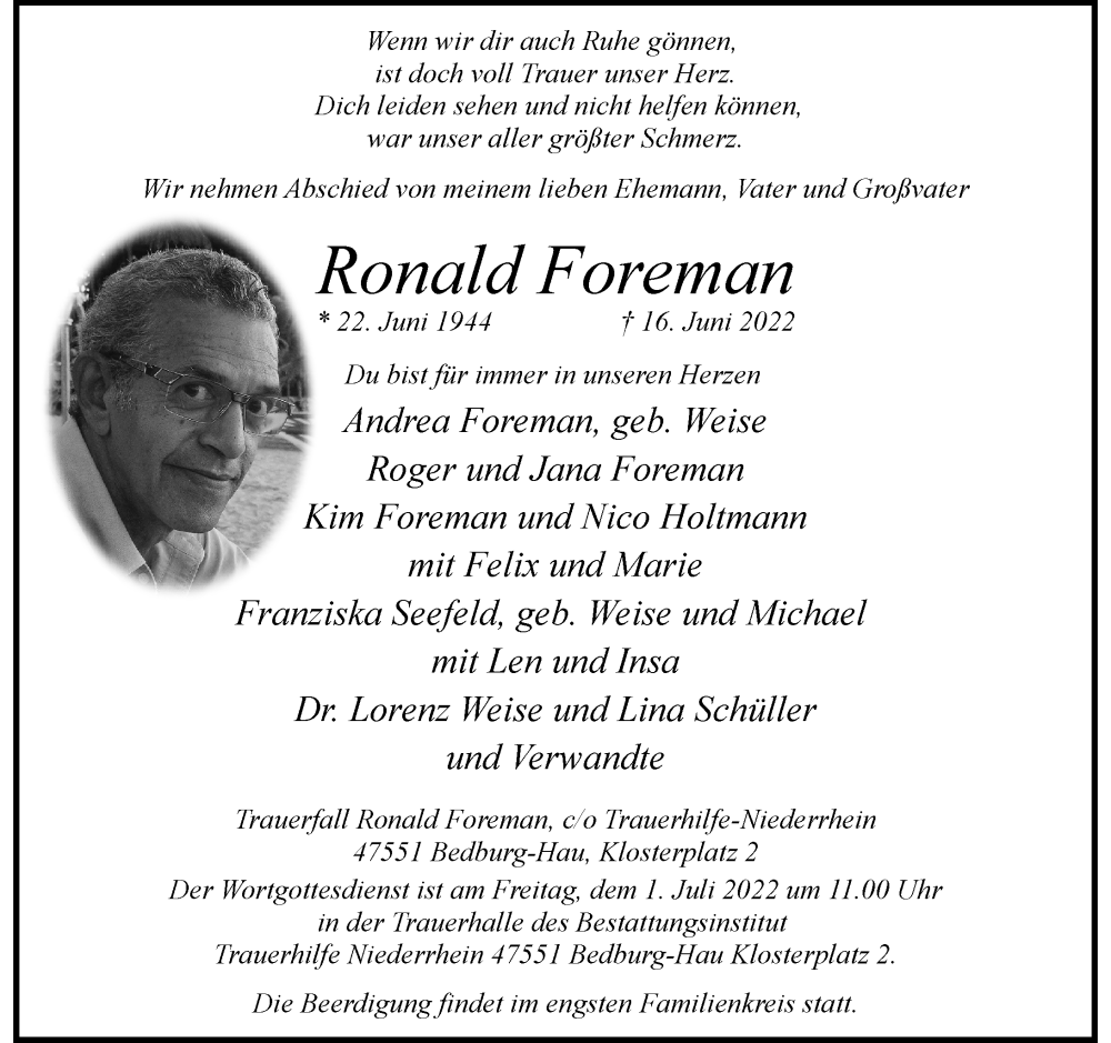  Traueranzeige für Ronald Foreman vom 29.06.2022 aus Rheinische Post