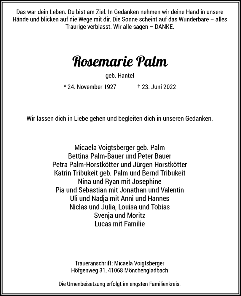  Traueranzeige für Rosemarie Palm vom 02.07.2022 aus Rheinische Post