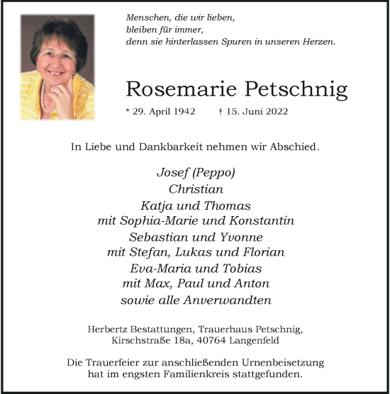 Traueranzeige von Rosemarie Petschnig von Rheinische Post