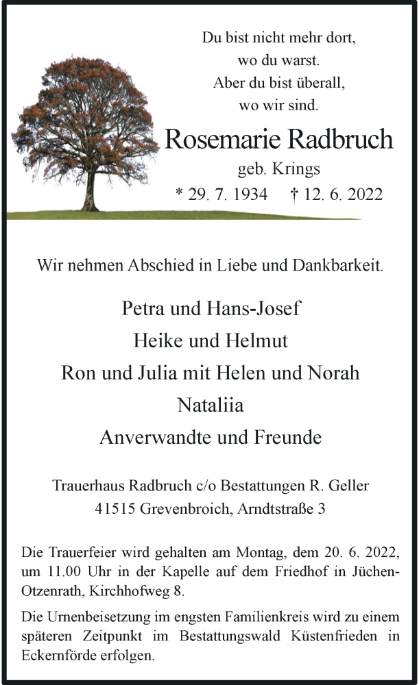  Traueranzeige für Rosemarie Radbruch vom 18.06.2022 aus Rheinische Post