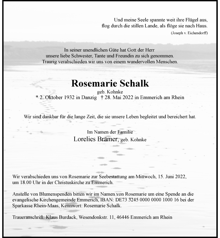  Traueranzeige für Rosemarie Schalk vom 11.06.2022 aus Rheinische Post