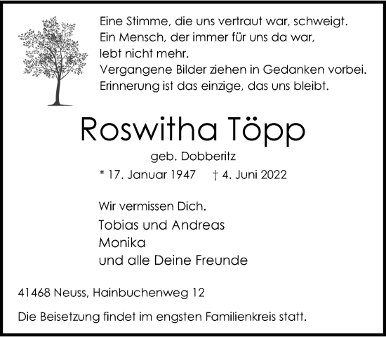 Traueranzeige von Roswitha Töpp von Rheinische Post