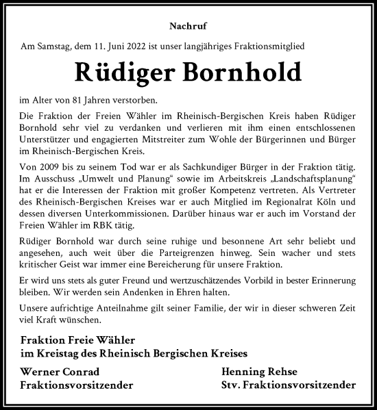 Traueranzeige von Rüdiger Bornhold von Rheinische Post