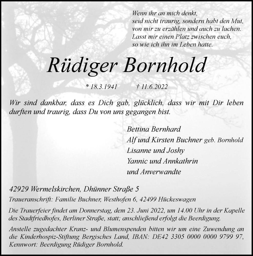  Traueranzeige für Rüdiger Bornhold vom 18.06.2022 aus Rheinische Post