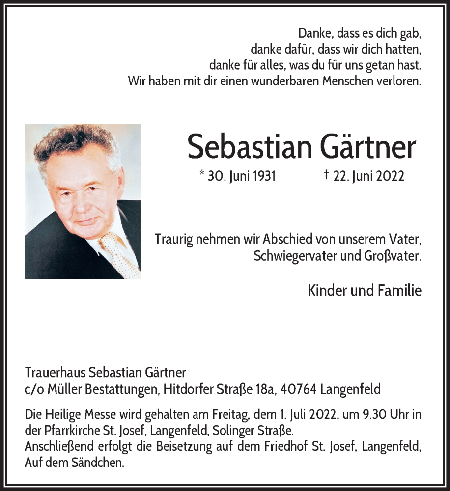  Traueranzeige für Sebastian Gärtner vom 25.06.2022 aus Rheinische Post