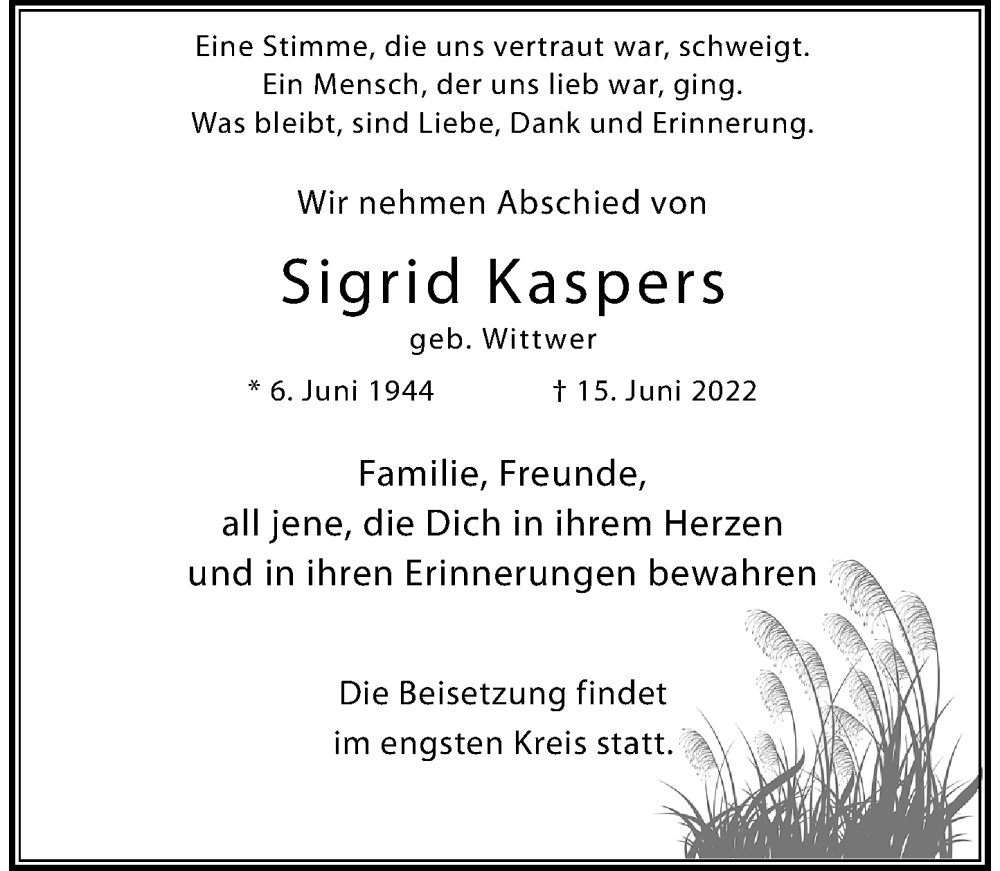  Traueranzeige für Sigrid Kaspers vom 25.06.2022 aus Rheinische Post